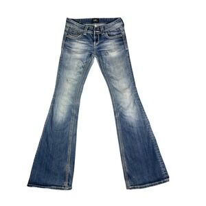 Bebop Jeans Womens Blue Denim Flare Leg Low Rise Contrast Stitch Medium Wash 28